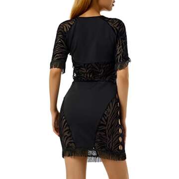 Women´s Sexy Hollow Out Dress Solid Color Short Sleeve Bodycon Mesh Patchwork See Through Mini Dress (Black, Small)