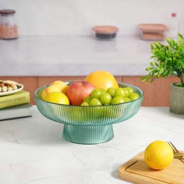 Glass Fruit Bowl, Decorative Bowl Vintage Fruit Bowl for Kitchen Counter Green Ribbed Glasses Pedestal Bowl Table Centerpieces Decor Large Serving Dish Bowl for Bread Candy Snacks Organizer Dish Bowls