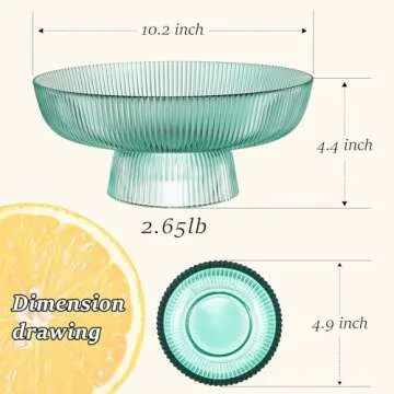 Glass Fruit Bowl, Decorative Bowl Vintage Fruit Bowl for Kitchen Counter Green Ribbed Glasses Pedestal Bowl Table Centerpieces Decor Large Serving Dish Bowl for Bread Candy Snacks Organizer Dish Bowls