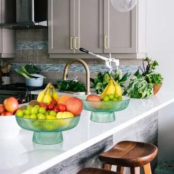 Glass Fruit Bowl, Decorative Bowl Vintage Fruit Bowl for Kitchen Counter Green Ribbed Glasses Pedestal Bowl Table Centerpieces Decor Large Serving Dish Bowl for Bread Candy Snacks Organizer Dish Bowls