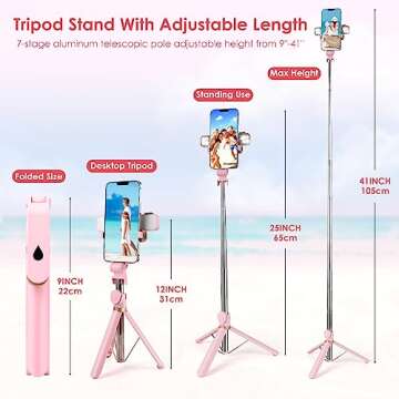 Selfie Stick with Fill Light,Extendable Selfie Stick Rugged Tripod with Wireless Remote Compatible with iPhone 14 13 12 11 pro Xs Max Xr X 8 7 6 Plus, Android Samsung Smartphone (Pink)