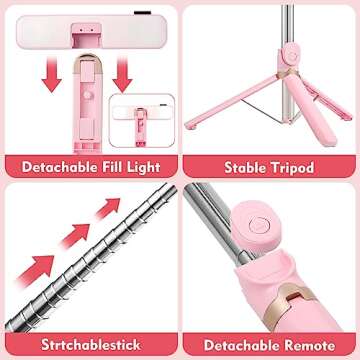 Selfie Stick with Fill Light,Extendable Selfie Stick Rugged Tripod with Wireless Remote Compatible with iPhone 14 13 12 11 pro Xs Max Xr X 8 7 6 Plus, Android Samsung Smartphone (Pink)