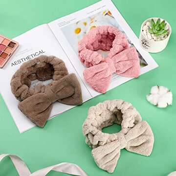 3 Pieces Wash Face Headband Makeup Spa Headband Towel Terry Hair Bands Microfiber Bowtie Headbands Shower Facial Adjustable Headband for Women (Pink, Blue, White)