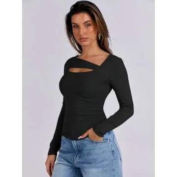 ANRABESS Womens Cutout Tops Trendy Sexy Long Sleeve Shirts Ribbed Slim Fit Tee 2024 Fall Fashion Going Out Tshirts Clothes Black Small
