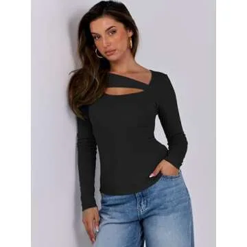 ANRABESS Womens Cutout Tops Trendy Sexy Long Sleeve Shirts Ribbed Slim Fit Tee 2024 Fall Fashion Going Out Tshirts Clothes Black Small