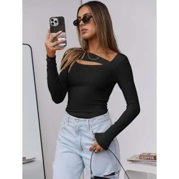 ANRABESS Womens Cutout Tops Trendy Sexy Long Sleeve Shirts Ribbed Slim Fit Tee 2024 Fall Fashion Going Out Tshirts Clothes Black Small