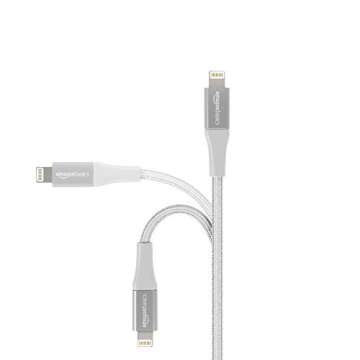 Amazon Basics Double Braided Nylon Lightning to USB Cable, Advanced Collection, MFi Certified Apple iPhone Charger, Silver, 6 Foot