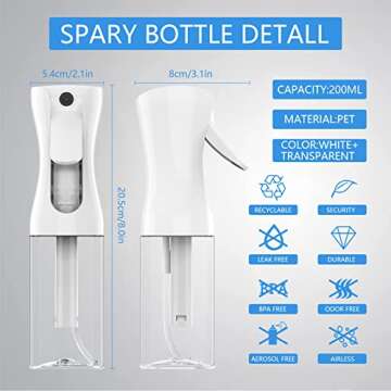 pinci Hair Spray Bottle,Continuous Bottle,Refillable Sprayer,Reusable Water Squirt Bottle for Salon–Ultra Fine Continuous Mister Hairstyling,Cleaning,Plants & Skin Care (2Pcs/200ml) White