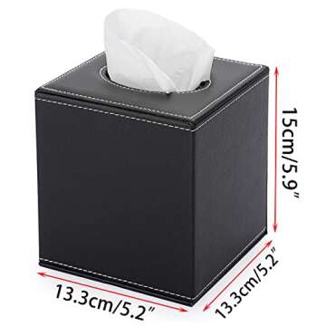 Sumnacon Square Leather Tissue Box Cover - Stylish Cube Tissue Box Holder with Magnetic Bottom, Decorative PU Tissue Box for Vanity Dresser Night Stand Table Countertop Home Office Car, Black