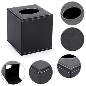 Sumnacon Square Leather Tissue Box Cover - Stylish Cube Tissue Box Holder with Magnetic Bottom, Decorative PU Tissue Box for Vanity Dresser Night Stand Table Countertop Home Office Car, Black