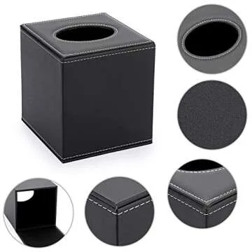 Sumnacon Square Leather Tissue Box Cover - Stylish Cube Tissue Box Holder with Magnetic Bottom, Decorative PU Tissue Box for Vanity Dresser Night Stand Table Countertop Home Office Car, Black