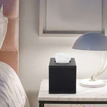 Sumnacon Square Leather Tissue Box Cover - Stylish Cube Tissue Box Holder with Magnetic Bottom, Decorative PU Tissue Box for Vanity Dresser Night Stand Table Countertop Home Office Car, Black