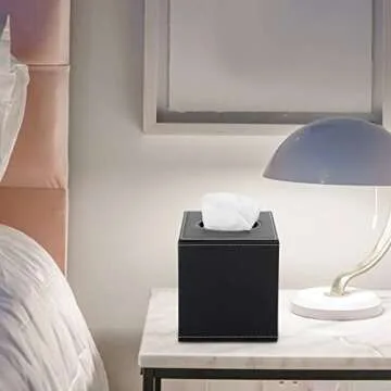 Sumnacon Square Leather Tissue Box Cover - Stylish Cube Tissue Box Holder with Magnetic Bottom, Decorative PU Tissue Box for Vanity Dresser Night Stand Table Countertop Home Office Car, Black