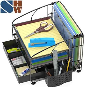 Simple Houseware Desk Organizer 3 Tray w/Sliding Drawer, Hanging File Holder and Pen Holder Accessory, Black
