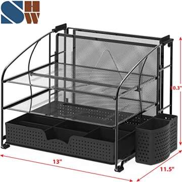 Simple Houseware Desk Organizer 3 Tray w/Sliding Drawer, Hanging File Holder and Pen Holder Accessory, Black
