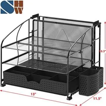 Simple Houseware Desk Organizer 3 Tray w/Sliding Drawer, Hanging File Holder and Pen Holder Accessory, Black