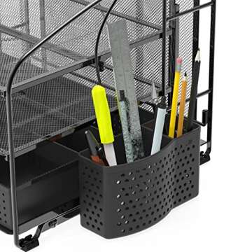 Simple Houseware Desk Organizer 3 Tray w/Sliding Drawer, Hanging File Holder and Pen Holder Accessory, Black