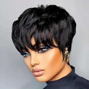 QiaQiaRing Pixie Cut Wigs For Black Women 9A Short Straight Human Hair Wigs with Bangs Short Layered...