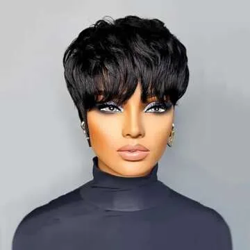 QiaQiaRing Pixie Cut Wigs For Black Women 9A Short Straight Human Hair Wigs with Bangs Short Layered Pixie Wigs for Black Women Natural Black Color Glueless Wigs Full Machine Made