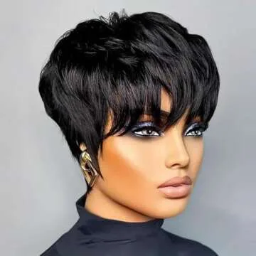 QiaQiaRing Pixie Cut Wigs For Black Women 9A Short Straight Human Hair Wigs with Bangs Short Layered Pixie Wigs for Black Women Natural Black Color Glueless Wigs Full Machine Made