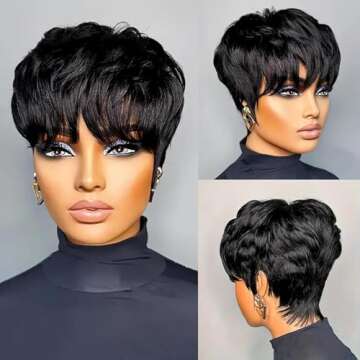 QiaQiaRing Pixie Cut Wigs For Black Women 9A Short Straight Human Hair Wigs with Bangs Short Layered Pixie Wigs for Black Women Natural Black Color Glueless Wigs Full Machine Made