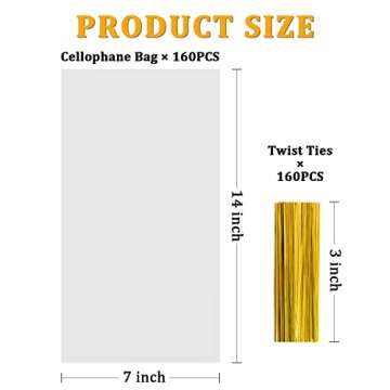 Labeol 160pcs Clear Cellophane Bags 7X14 Treat Bags with Ties Goodie Bags Clear Gift Bags for Packaging Popcorn Party Favor Cookie Candy Bakery Plastic Gift Wrap