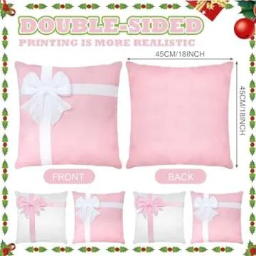 ZhowHoHo 4 Pcs Pink Bow Pillow Covers 3D Bow Gift Box Style Farmhouse Xmas Decor for Couch or Sofa Holiday Throw Pillow Cushion Cases (Pink White, 18x18 Inch)