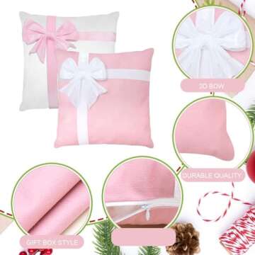 ZhowHoHo 4 Pcs Pink Bow Pillow Covers 3D Bow Gift Box Style Farmhouse Xmas Decor for Couch or Sofa Holiday Throw Pillow Cushion Cases (Pink White, 18x18 Inch)