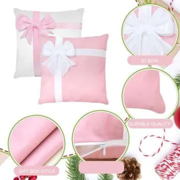 ZhowHoHo 4 Pcs Pink Bow Pillow Covers 3D Bow Gift Box Style Farmhouse Xmas Decor for Couch or Sofa Holiday Throw Pillow Cushion Cases (Pink White, 18x18 Inch)