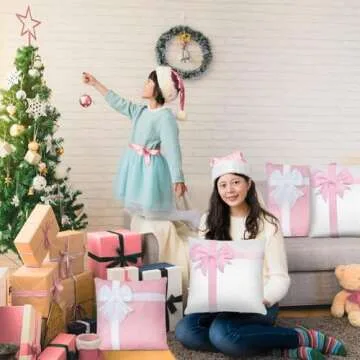 ZhowHoHo 4 Pcs Pink Bow Pillow Covers 3D Bow Gift Box Style Farmhouse Xmas Decor for Couch or Sofa Holiday Throw Pillow Cushion Cases (Pink White, 18x18 Inch)