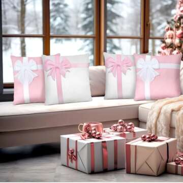 ZhowHoHo 4 Pcs Pink Bow Pillow Covers 3D Bow Gift Box Style Farmhouse Xmas Decor for Couch or Sofa Holiday Throw Pillow Cushion Cases (Pink White, 18x18 Inch)