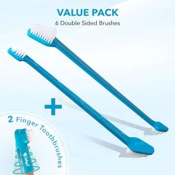 BOSHEL Dog Toothbrush Set - 8 Pack - 6 Long Handled Double-Sided Toothbrushes & 2 Dog Finger Toothbr...