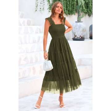 PRETTYGARDEN Women's 2024 Summer Midi Dress Casual Sleeveless Smocked Ruffle Tulle Flowy Party Wedding Guest Sundress (Army Green,Small)