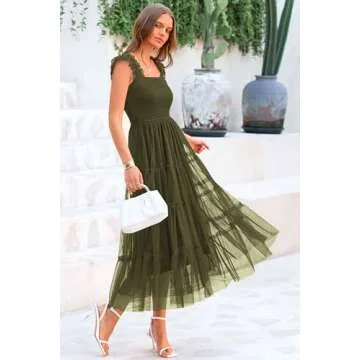 PRETTYGARDEN Women's 2024 Summer Midi Dress Casual Sleeveless Smocked Ruffle Tulle Flowy Party Wedding Guest Sundress (Army Green,Small)