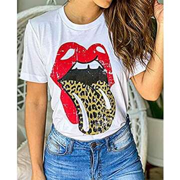 SurBepo Women Red Lip Leopard Tongue T-Shirt for Summer