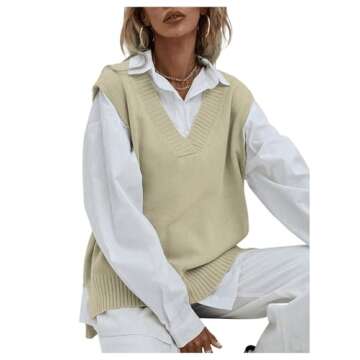 SweatyRocks Women's Sleeveless V Neck Ribbed Knit Split Pullover Sweater Vest