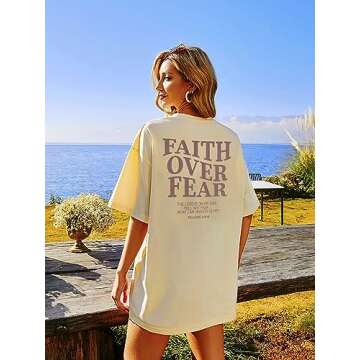 BANGELY Faith Over Fear Tshirt Women Oversized Christian Religious Sayings Tees Drop Shoulder Tee Tops Ecru