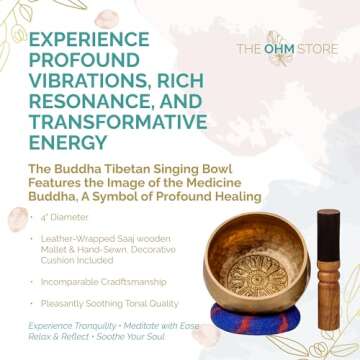 Tibetan Singing Bowl Set by The Ohm Store with 'Medicine Buddha' Engraving — Meditation Sound Bowl and Wooden Striker Handcrafted in Nepal — Spiritual Gift for Women and Men
