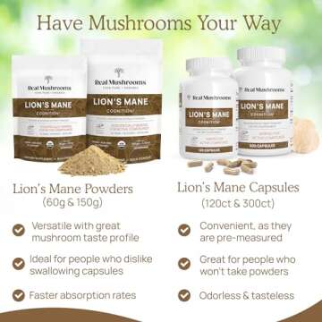 Real Mushrooms Lion’s Mane Capsules - Organic Lions Mane Mushroom Extract for Cognitive Function & Immune Support - Brain Mushroom Supplements for Memory and Focus - Vegan, 300 Caps