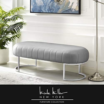 Nicole Miller Leather Bench - Grey/Silver | Design: Flavia | Upholstered | Side Channel Tufted