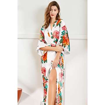 BABEYOND Women's Kimono Robe Long Satin Silky Floral Lightweight Bridesmaid Wedding Bachelorette Party Robe