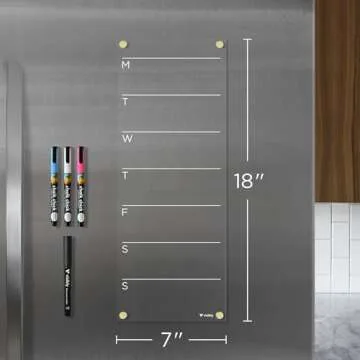 Magnetic Acrylic Weekly Calendar for Fridge, Includes 4 Magnetic Wet-Erase Markers for Refrigerator, 7" X 18".