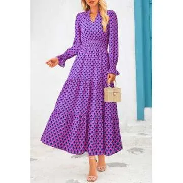 PRETTYGARDEN Women's Floral Maxi Dress 2025 Spring Long Sleeve V Neck Casual A Line Long Flowy Boho Party Dresses (Plaid Blue Pink,Large)