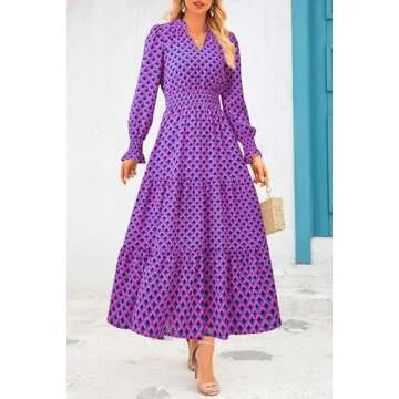 PRETTYGARDEN Women's Floral Maxi Dress 2025 Spring Long Sleeve V Neck Casual A Line Long Flowy Boho Party Dresses (Plaid Blue Pink,Large)