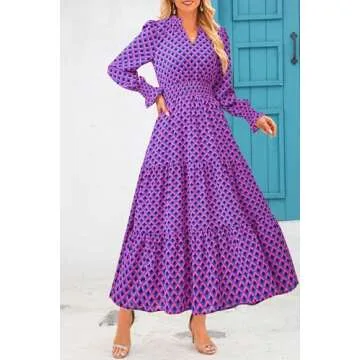 PRETTYGARDEN Women's Floral Maxi Dress 2025 Spring Long Sleeve V Neck Casual A Line Long Flowy Boho Party Dresses (Plaid Blue Pink,Large)