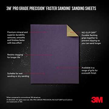 3M Advanced Sandpaper, 3-Pack, 150 Grit, 3M Pro Grade Precision, Features No-Slip Grip Backing, 9-in x 11-in, For Sanding Wood, Drywall, or Metal, Can be Used on Wet or Dry Surfaces (25150P-G)