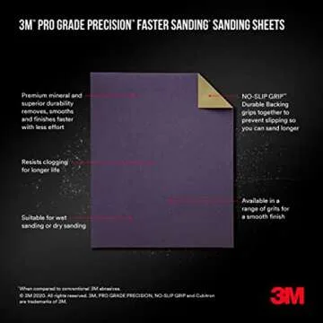 3M Advanced Sandpaper, 3-Pack, 150 Grit, 3M Pro Grade Precision, Features No-Slip Grip Backing, 9-in x 11-in, For Sanding Wood, Drywall, or Metal, Can be Used on Wet or Dry Surfaces (25150P-G)