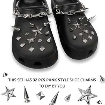 GOTPE Punk Shoe Charms Goth Shoe Decoration Rivet Cone Spike Charms Chain for Woman and Man DIY Emo Y2K Shoe Pack