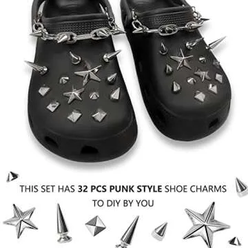 GOTPE Punk Shoe Charms Goth Shoe Decoration Rivet Cone Spike Charms Chain for Woman and Man DIY Emo Y2K Shoe Pack
