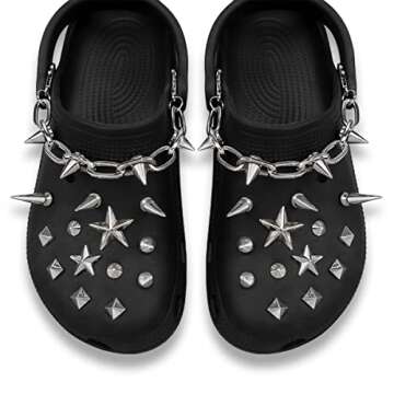 GOTPE Punk Shoe Charms Goth Shoe Decoration Rivet Cone Spike Charms Chain for Woman and Man DIY Emo Y2K Shoe Pack